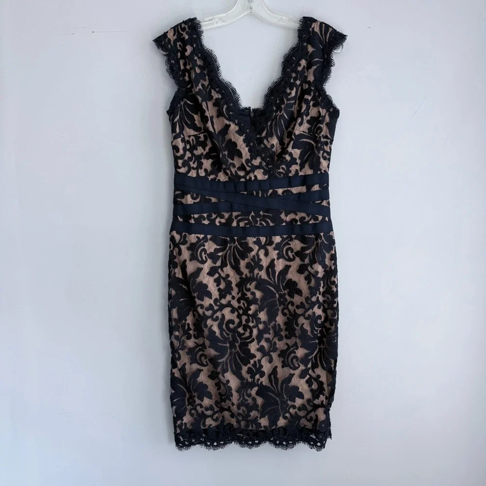 Tadashi Shoji Lace & Tulle Sheath Dress 6 Navy Nude Cocktail Party Wedding Guest - Picture 3 of 16
